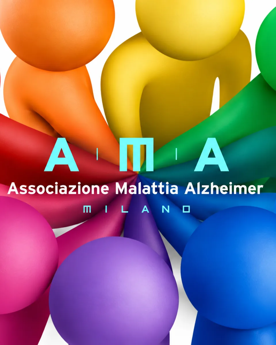 Il logo di AMA Milano, Associazione Malattia Alzheimer, tra figure colorate che si tengono per mano