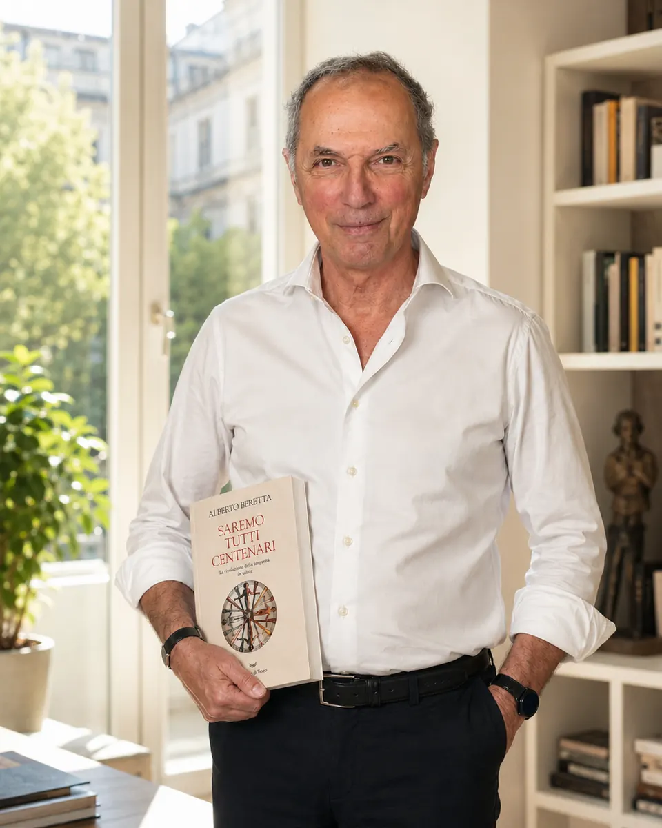 Il prof. Alberto Beretta con il libro Saremo tutti centenari