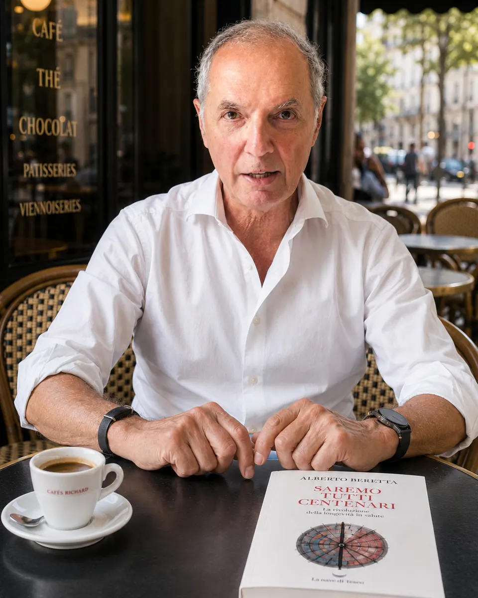 Il prof. Alberto Beretta al tavolino di un caffè